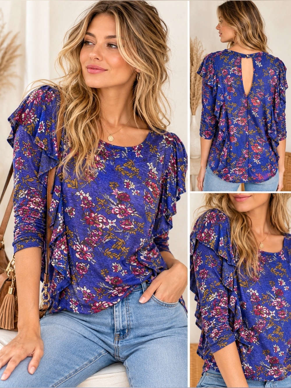 Free People Dock Street Royal Blue Floral Ruffle Boho Top XS